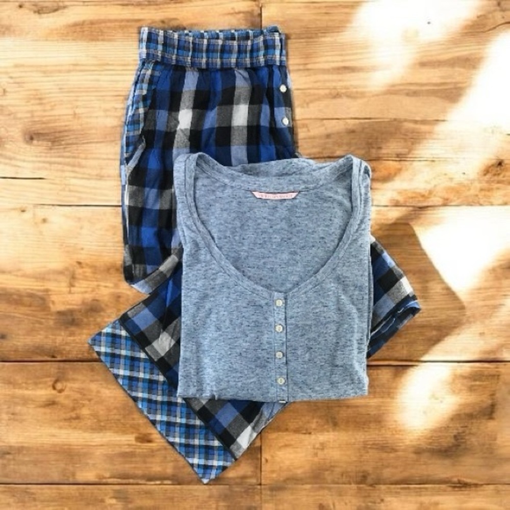 Victoria's Secret RARE set Blue and Gray Plaid Pajama Set